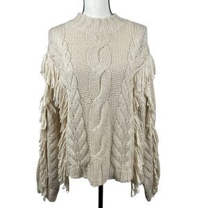 525 America‎ Women's Chunky Cable Knit Fringe Sweater Large Cream Pullover Boho